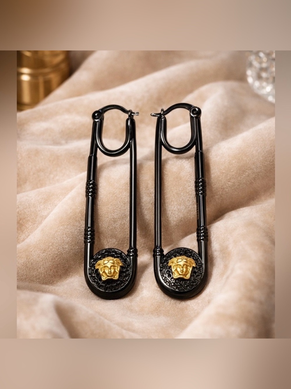Black and Gold Safety Pin Medusa Luxury Drop Earrings
